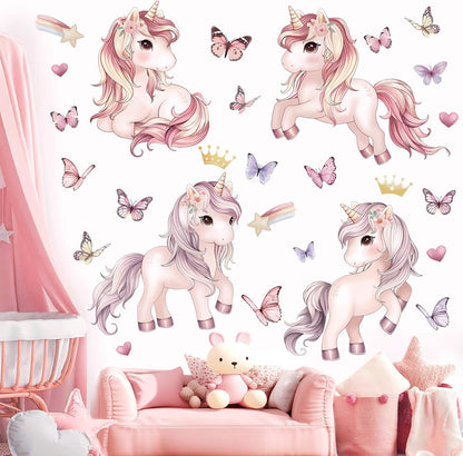 Pink Unicorn Butterfly Wall Decals Rainbow Heart Wall Stickers