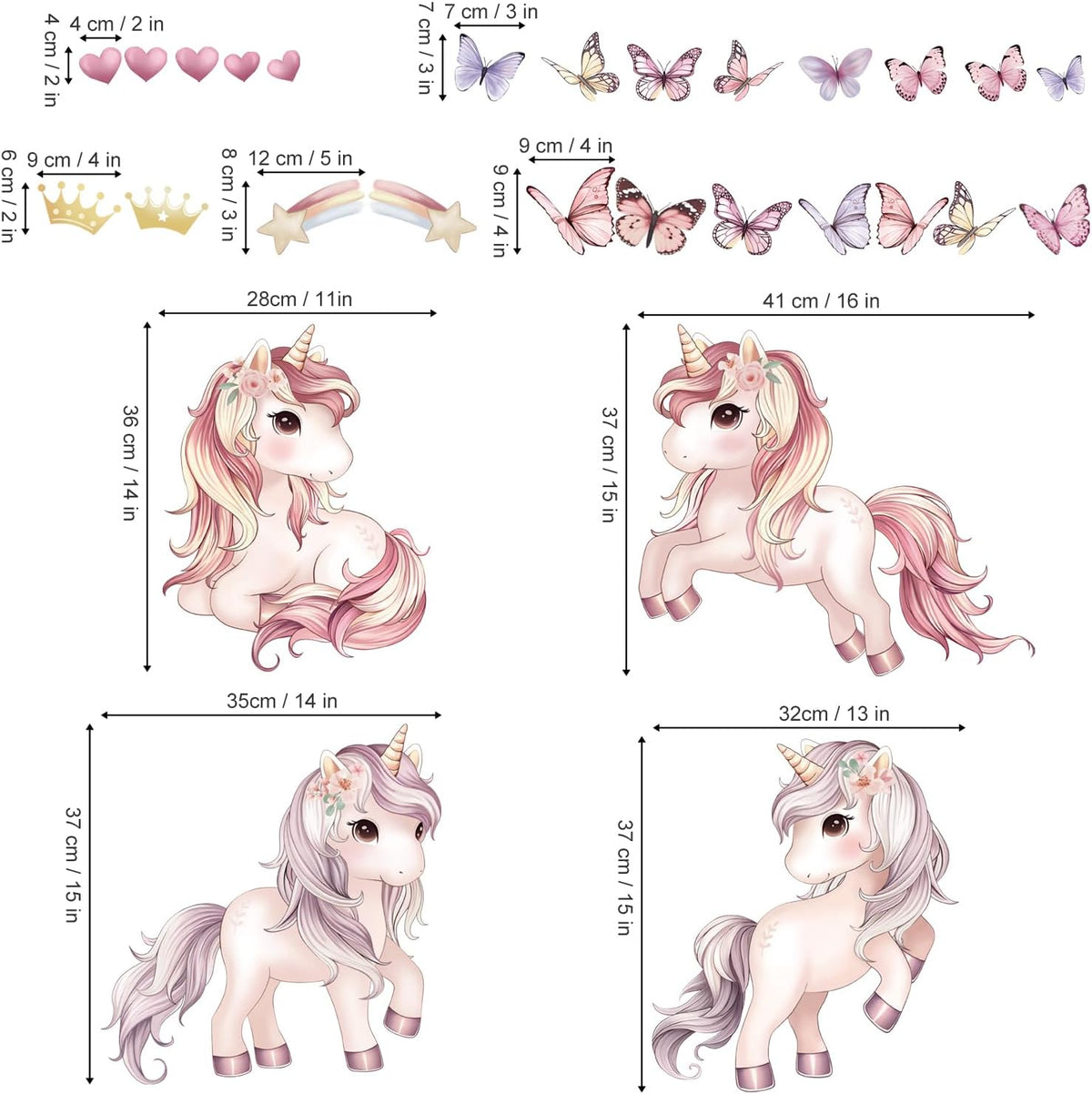 Pink Unicorn Butterfly Wall Decals Rainbow Heart Wall Stickers