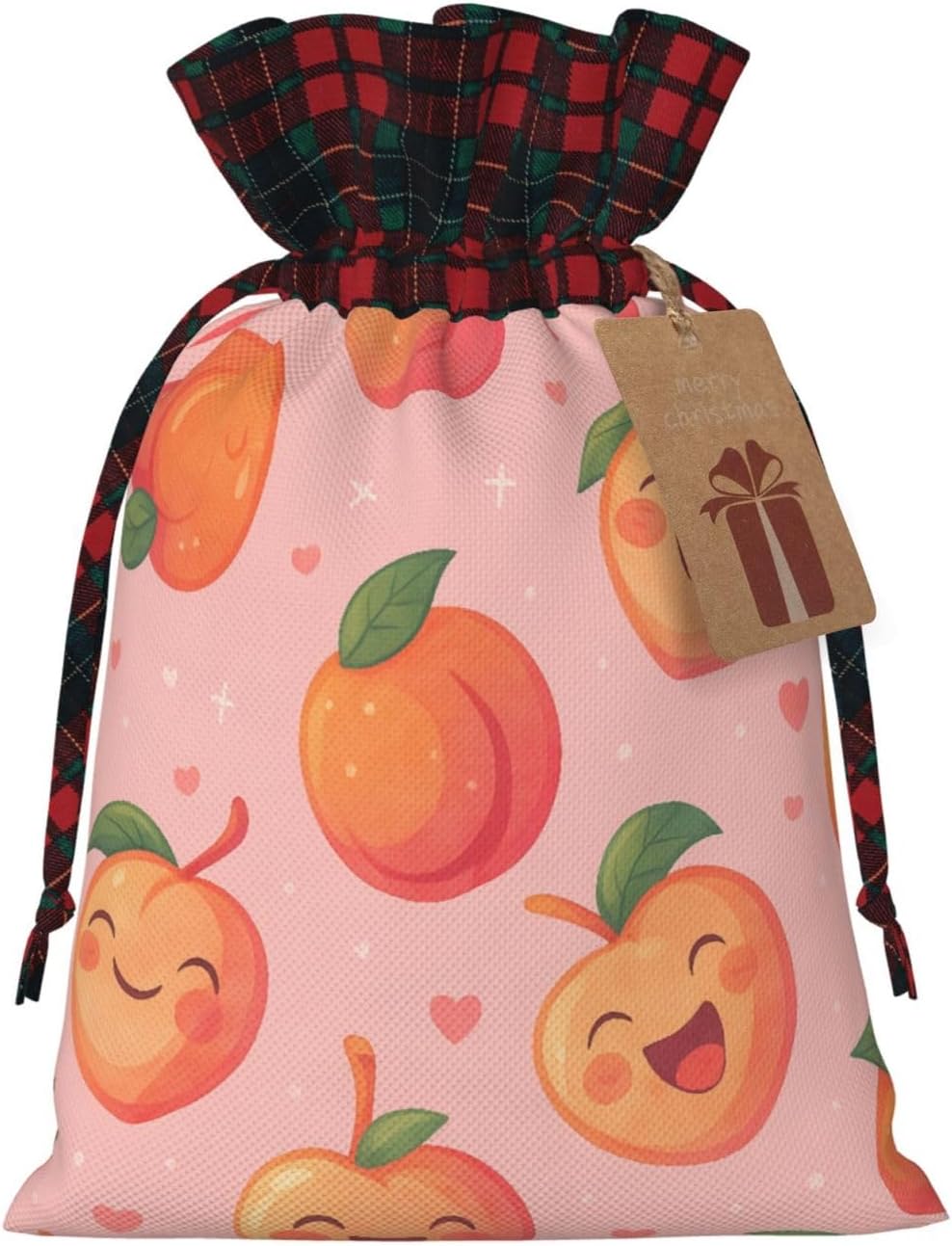 Cute Happy Peach Christmas Color Blocked Drawstring Linen Bun Gift Bags