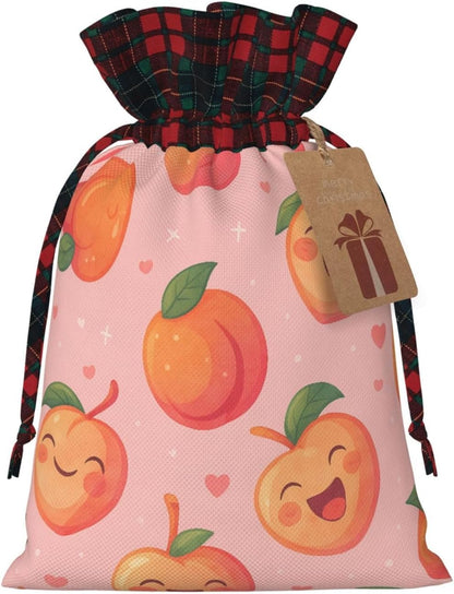 Cute Happy Peach Christmas Color Blocked Drawstring Linen Bun Gift Bags