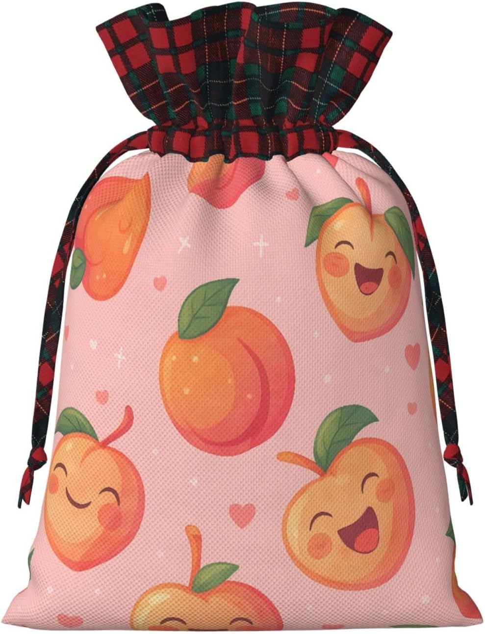 Cute Happy Peach Christmas Color Blocked Drawstring Linen Bun Gift Bags