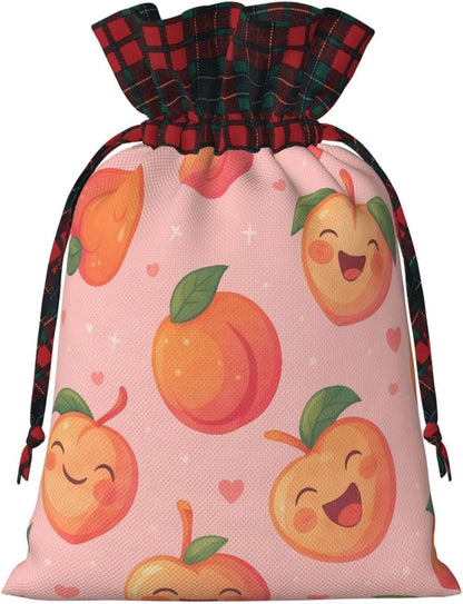 Cute Happy Peach Christmas Color Blocked Drawstring Linen Bun Gift Bags