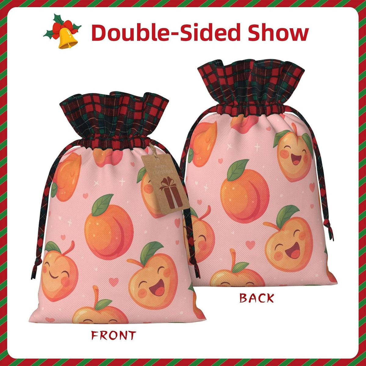 Cute Happy Peach Christmas Color Blocked Drawstring Linen Bun Gift Bags