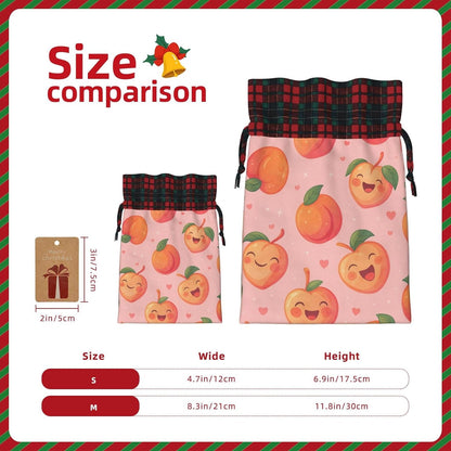 Cute Happy Peach Christmas Color Blocked Drawstring Linen Bun Gift Bags