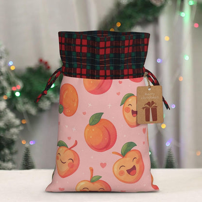 Cute Happy Peach Christmas Color Blocked Drawstring Linen Bun Gift Bags