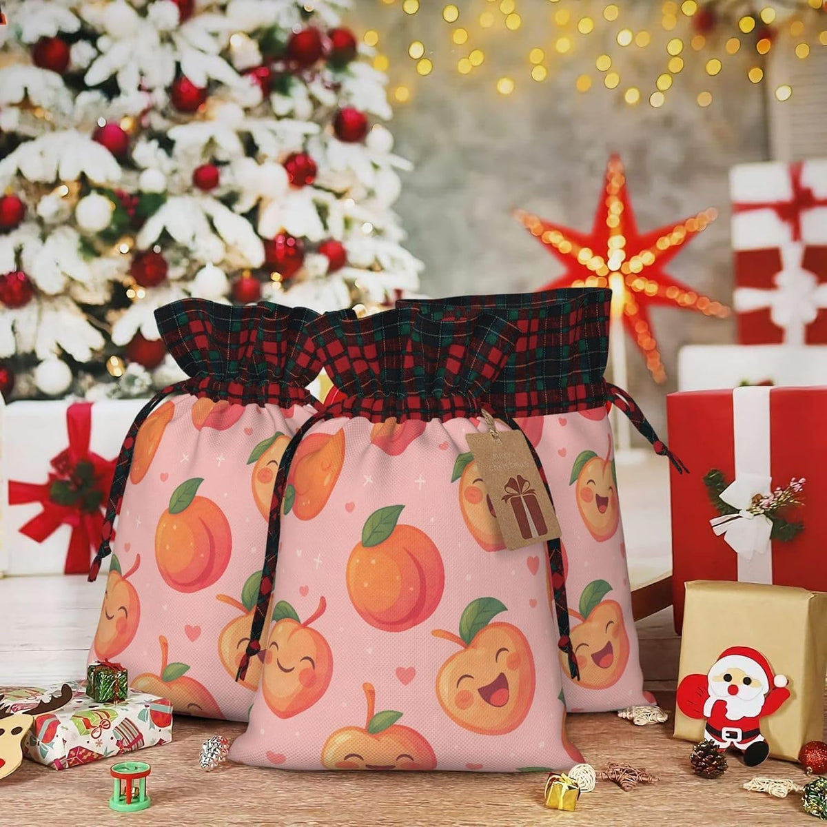 Cute Happy Peach Christmas Color Blocked Drawstring Linen Bun Gift Bags