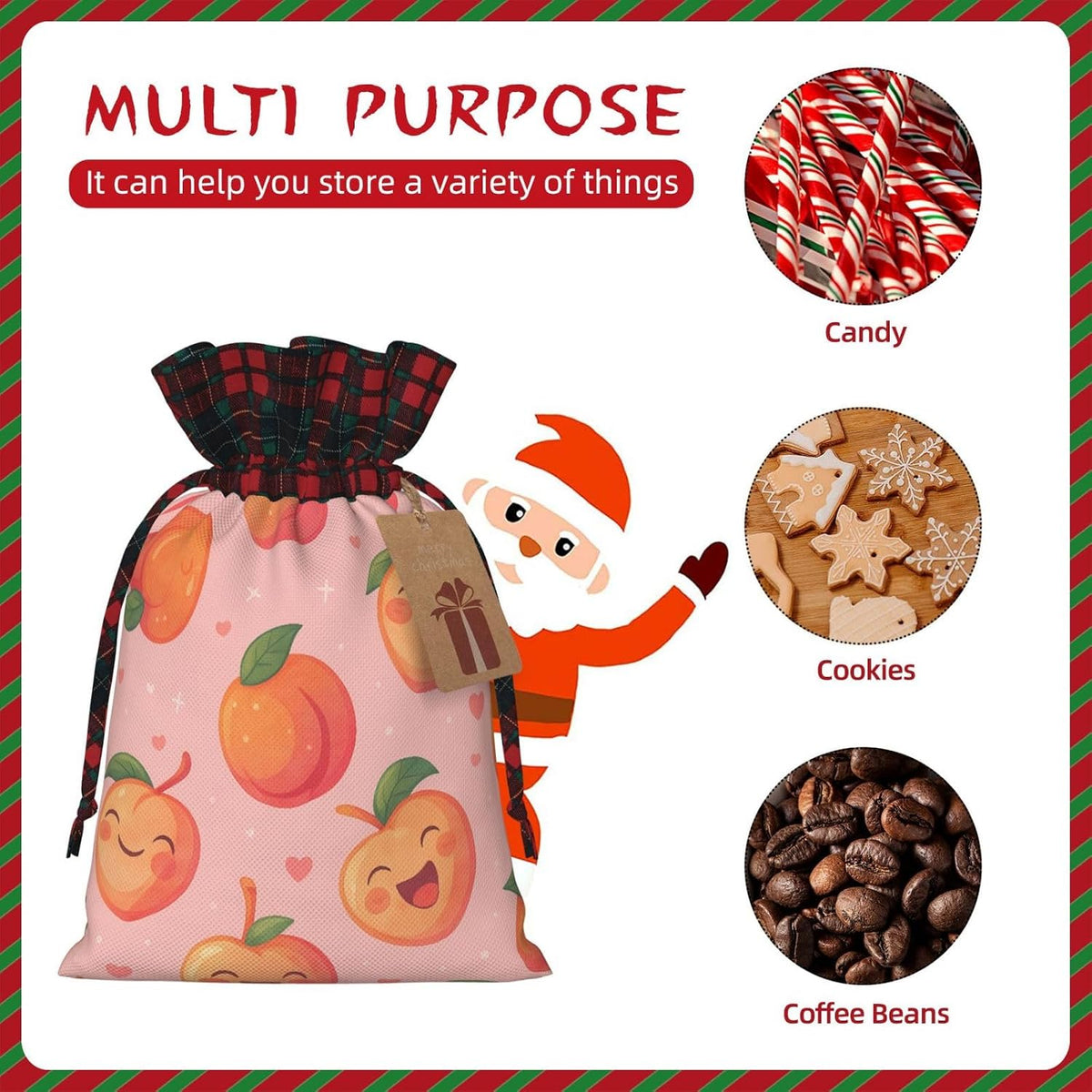 Cute Happy Peach Christmas Color Blocked Drawstring Linen Bun Gift Bags