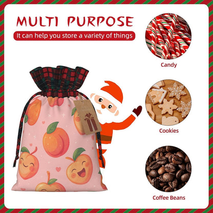 Cute Happy Peach Christmas Color Blocked Drawstring Linen Bun Gift Bags