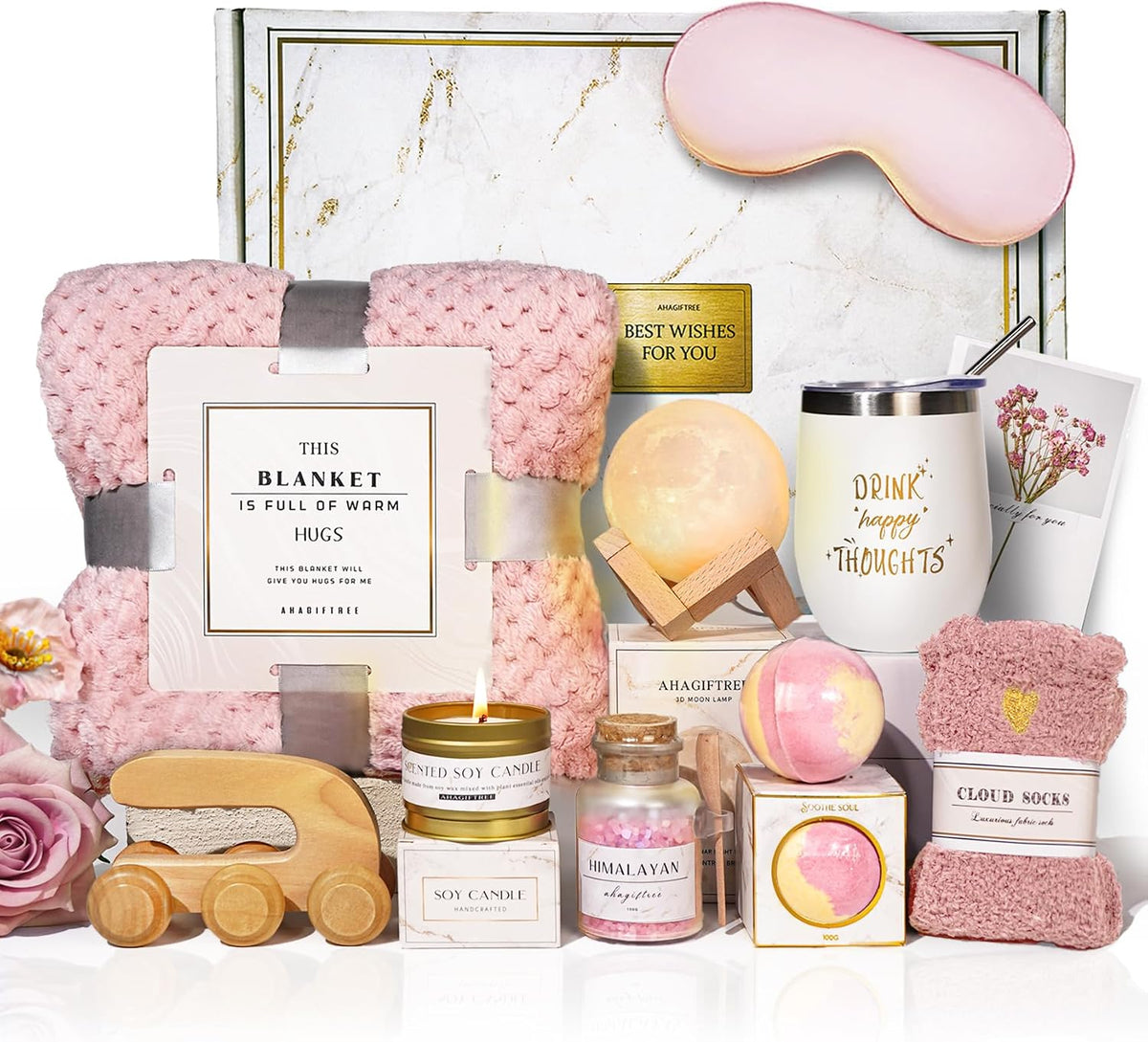 Birthday Gifts,self Care,11PC Care Package with Moon Lamp,Get Well Soon Gift Baskets for Women After Surgery,Condolences Gift Basket for Loss,Sympathy Baskets for Friend,mom (Pink)
