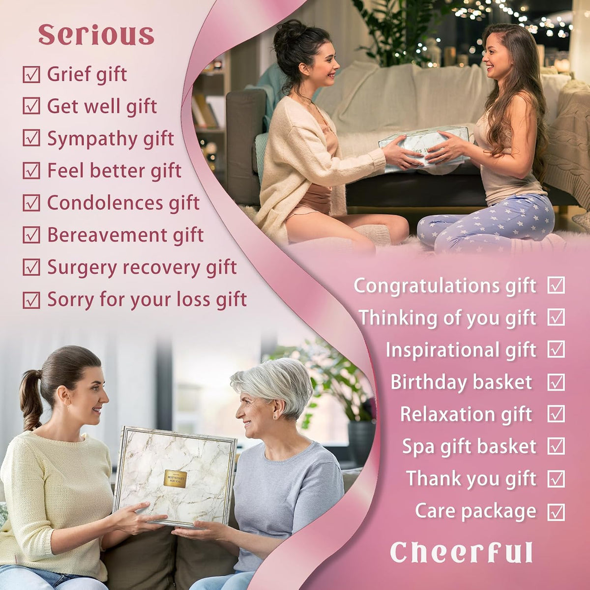 Birthday Gifts,self Care,11PC Care Package with Moon Lamp,Get Well Soon Gift Baskets for Women After Surgery,Condolences Gift Basket for Loss,Sympathy Baskets for Friend,mom (Pink)