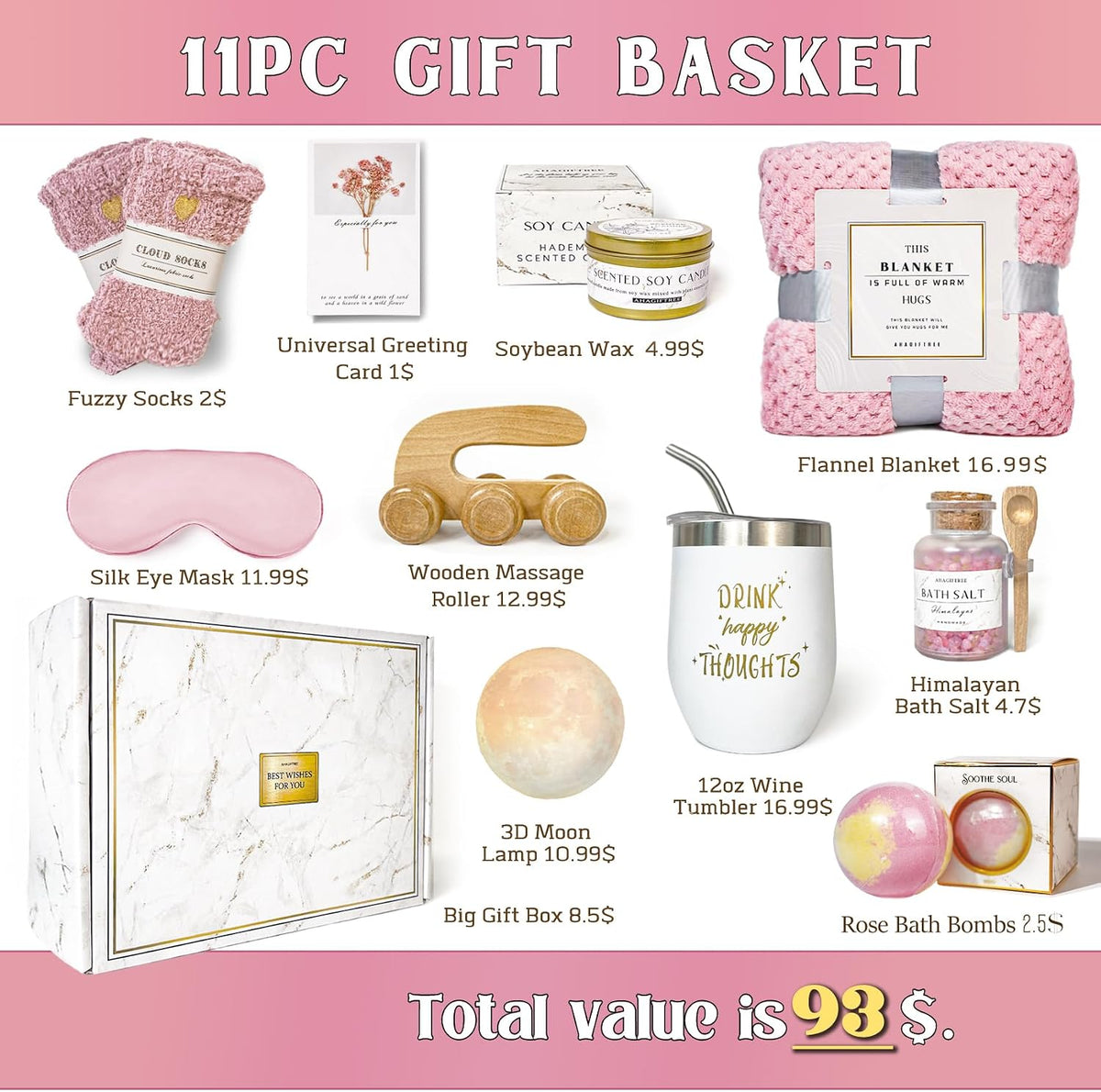Birthday Gifts,self Care,11PC Care Package with Moon Lamp,Get Well Soon Gift Baskets for Women After Surgery,Condolences Gift Basket for Loss,Sympathy Baskets for Friend,mom (Pink)
