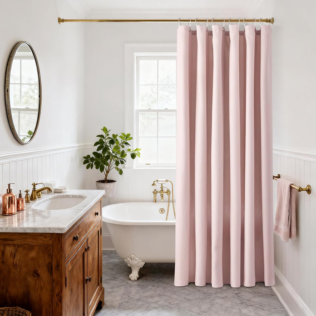 Extra Long Pink Linen Shower Curtain, Heavy Duty Fabric Shower Curtain for Girl's Room Partition, 84 Inches Luxury Hotel Spa Quality Weighted Bath Curtain Set with 12 Plastic Hooks, 72x84 Blush Pink