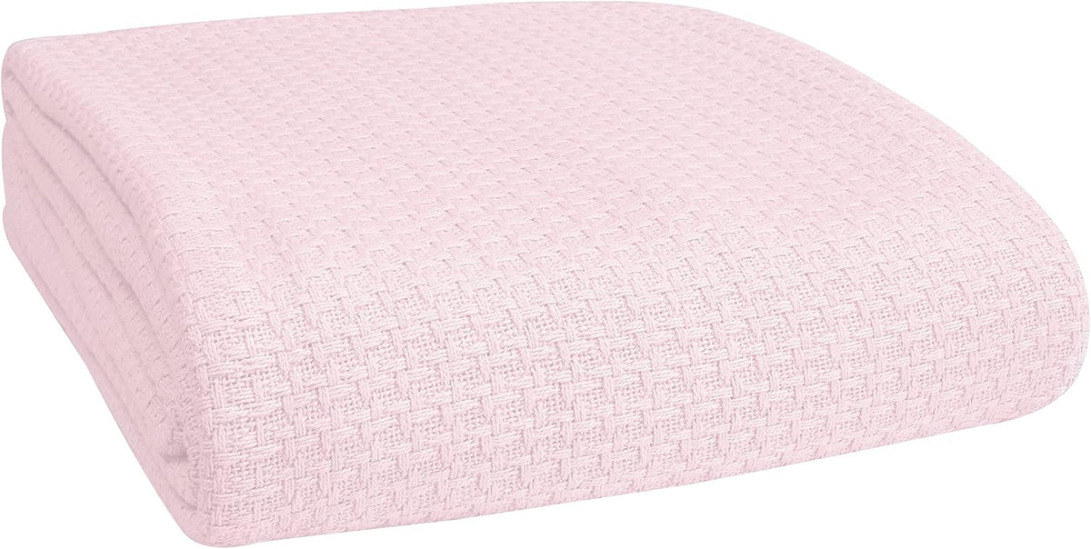 100% Cotton Bed Blanket, Breathable Bed Blanket Full Queen Size, Cotton Thermal Blankets Full Queen, Perfect for Layering Any Bed for All Season, Baby Pink