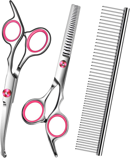 Dog Grooming Scissors with Safety Round Tip,Pet Grooming scissors Kit,Dog Shears for Grooming,Incude Thinning,Curved Grooming Scissors and Comb for dogs, cats.Suitable for The Right Hand