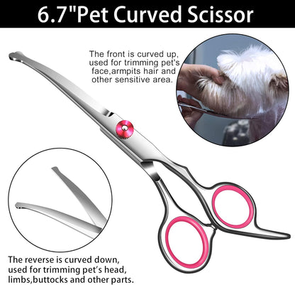 Dog Grooming Scissors with Safety Round Tip,Pet Grooming scissors Kit,Dog Shears for Grooming,Incude Thinning,Curved Grooming Scissors and Comb for dogs, cats.Suitable for The Right Hand