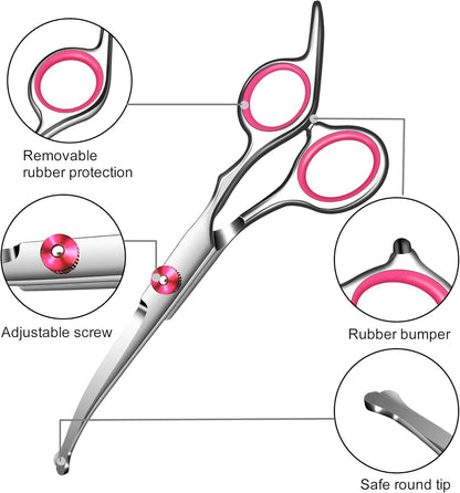 Dog Grooming Scissors with Safety Round Tip,Pet Grooming scissors Kit,Dog Shears for Grooming,Incude Thinning,Curved Grooming Scissors and Comb for dogs, cats.Suitable for The Right Hand