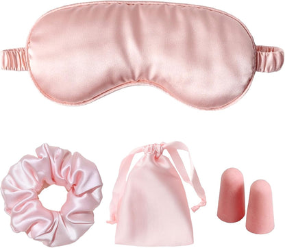 Pink Sleep Eye Mask, Blackout Silk Satin Travel Blindfold Set Women