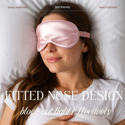 Pink Sleep Eye Mask, Blackout Silk Satin Travel Blindfold Set Women