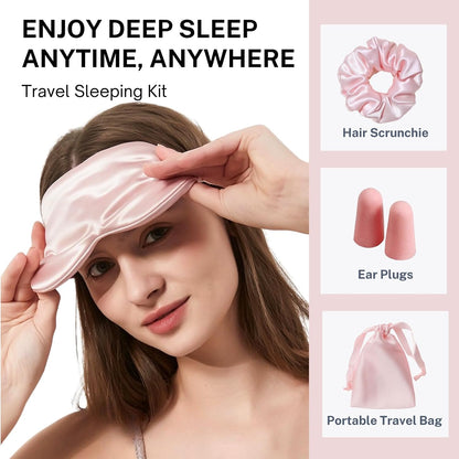 Pink Sleep Eye Mask, Blackout Silk Satin Travel Blindfold Set Women