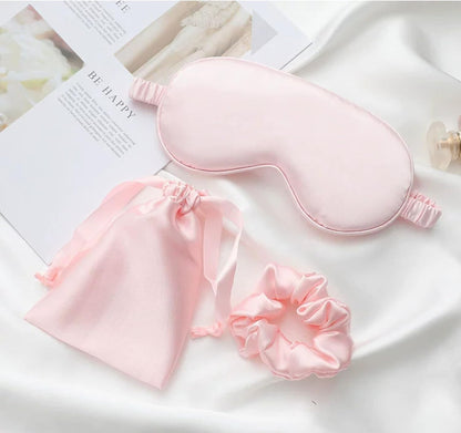Pink Sleep Eye Mask, Blackout Silk Satin Travel Blindfold Set Women