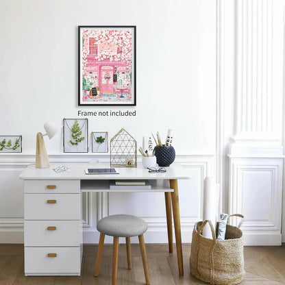 Pink Blossom Cafe Canvas Wall Art Trendy Pink Cherry Flower Poster Funky Pastel Girly Aesthetic Prints for Kitchen Coffee Room 12X16 inch Unframed