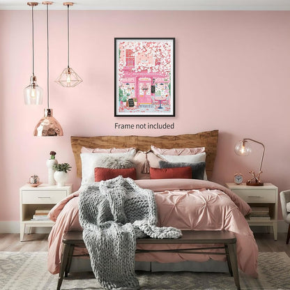 Pink Blossom Cafe Canvas Wall Art Trendy Pink Cherry Flower Poster Funky Pastel Girly Aesthetic Prints for Kitchen Coffee Room 12X16 inch Unframed