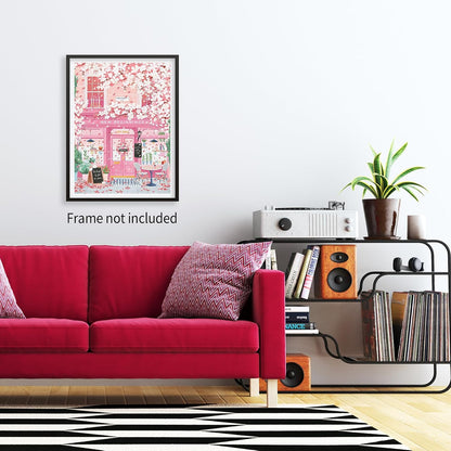 Pink Blossom Cafe Canvas Wall Art Trendy Pink Cherry Flower Poster Funky Pastel Girly Aesthetic Prints for Kitchen Coffee Room 12X16 inch Unframed