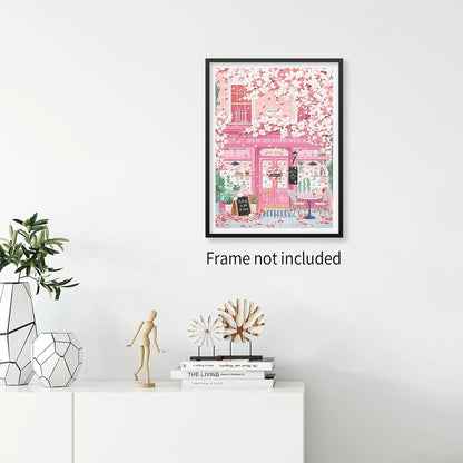 Pink Blossom Cafe Canvas Wall Art Trendy Pink Cherry Flower Poster Funky Pastel Girly Aesthetic Prints for Kitchen Coffee Room 12X16 inch Unframed
