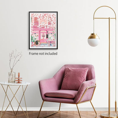 Pink Blossom Cafe Canvas Wall Art Trendy Pink Cherry Flower Poster Funky Pastel Girly Aesthetic Prints for Kitchen Coffee Room 12X16 inch Unframed