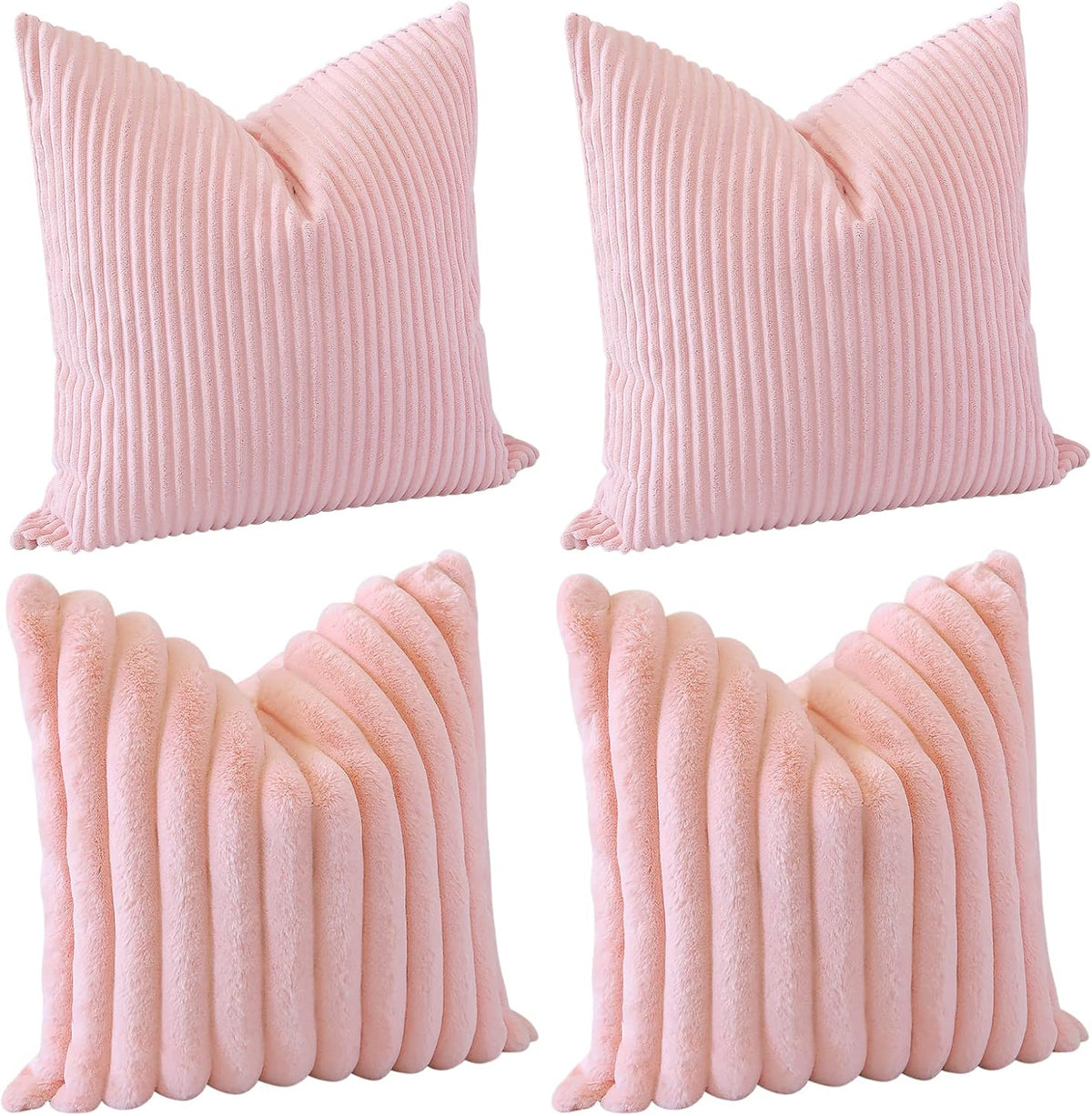 Set of 4 Corduroy Soft Decorative Throw Pillow Covers 18x18 Inch Faux Fur Plush Pillow Covers Fuzzy Striped Luxury Cushion Case Pillowcase for Couch Sofa Bed Home Living Room Decor (Pink)