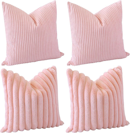 Set of 4 Corduroy Soft Decorative Throw Pillow Covers 18x18 Inch Faux Fur Plush Pillow Covers Fuzzy Striped Luxury Cushion Case Pillowcase for Couch Sofa Bed Home Living Room Decor (Pink)