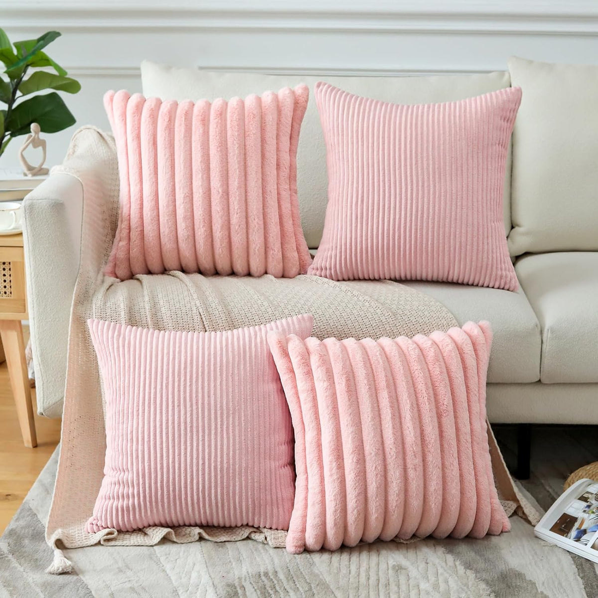 Set of 4 Corduroy Soft Decorative Throw Pillow Covers 18x18 Inch Faux Fur Plush Pillow Covers Fuzzy Striped Luxury Cushion Case Pillowcase for Couch Sofa Bed Home Living Room Decor (Pink)