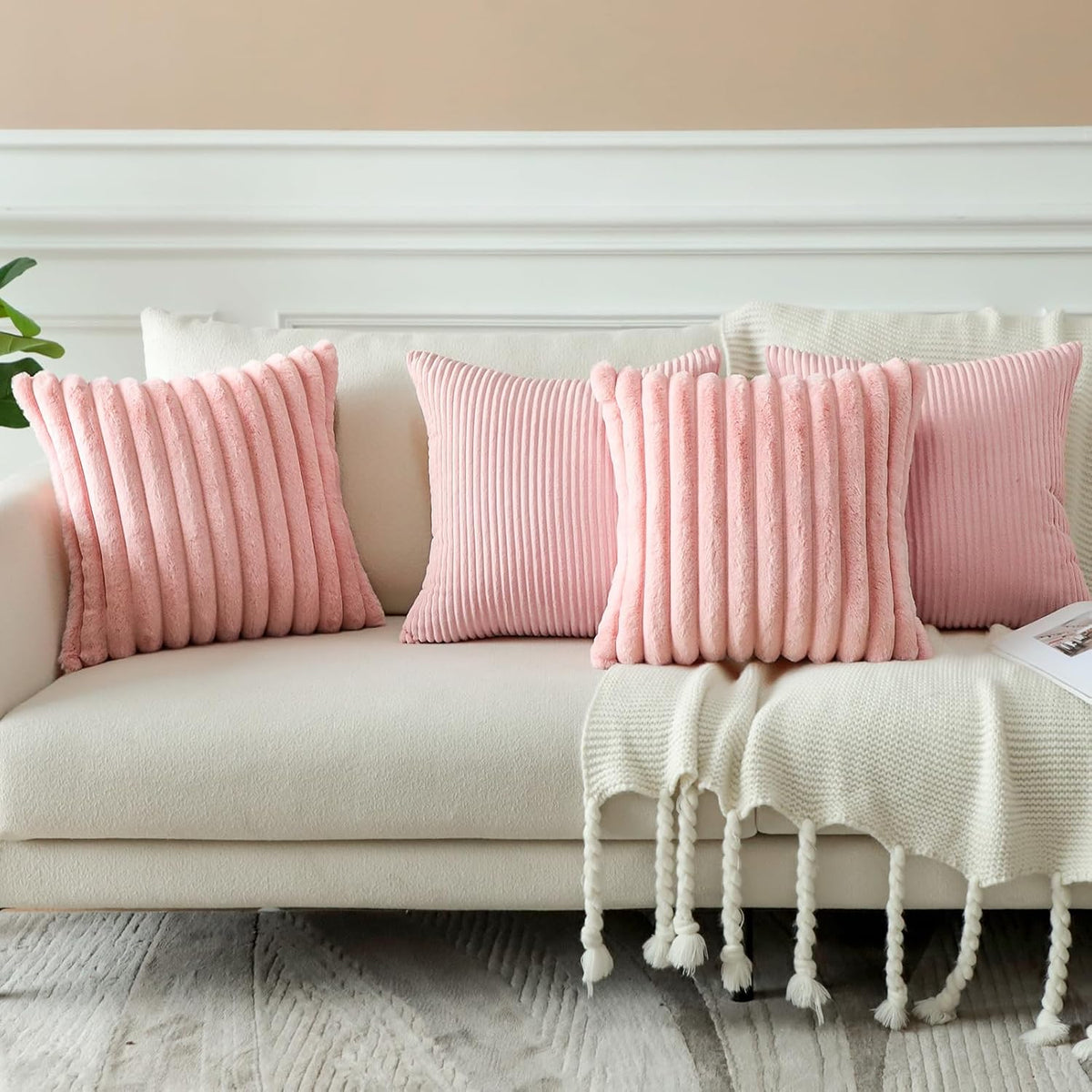 Set of 4 Corduroy Soft Decorative Throw Pillow Covers 18x18 Inch Faux Fur Plush Pillow Covers Fuzzy Striped Luxury Cushion Case Pillowcase for Couch Sofa Bed Home Living Room Decor (Pink)