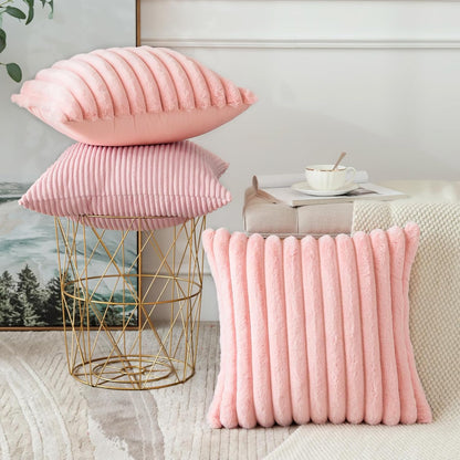 Set of 4 Corduroy Soft Decorative Throw Pillow Covers 18x18 Inch Faux Fur Plush Pillow Covers Fuzzy Striped Luxury Cushion Case Pillowcase for Couch Sofa Bed Home Living Room Decor (Pink)