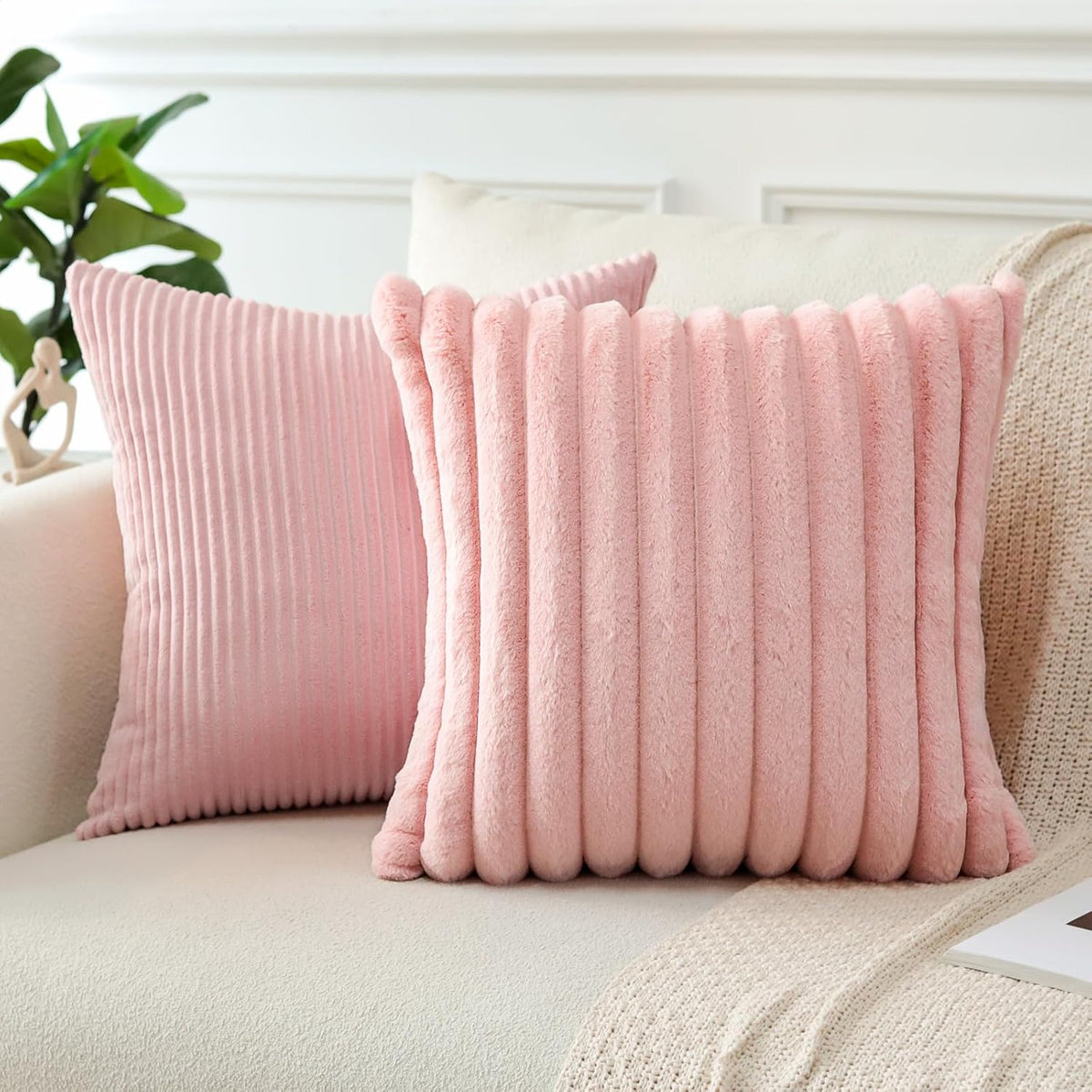 Set of 4 Corduroy Soft Decorative Throw Pillow Covers 18x18 Inch Faux Fur Plush Pillow Covers Fuzzy Striped Luxury Cushion Case Pillowcase for Couch Sofa Bed Home Living Room Decor (Pink)
