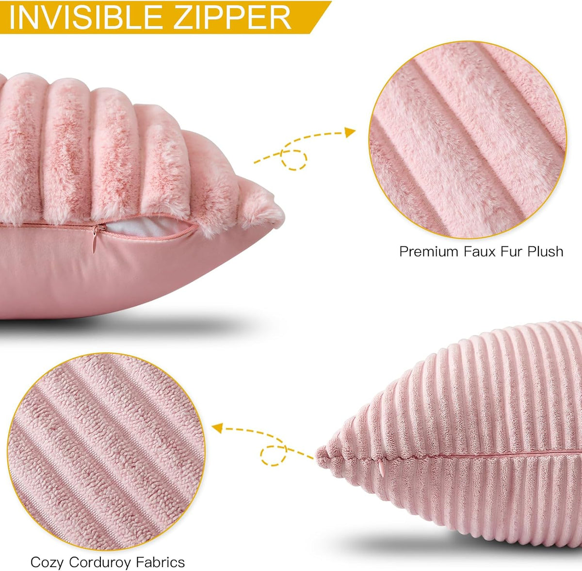 Set of 4 Corduroy Soft Decorative Throw Pillow Covers 18x18 Inch Faux Fur Plush Pillow Covers Fuzzy Striped Luxury Cushion Case Pillowcase for Couch Sofa Bed Home Living Room Decor (Pink)