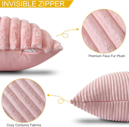 Set of 4 Corduroy Soft Decorative Throw Pillow Covers 18x18 Inch Faux Fur Plush Pillow Covers Fuzzy Striped Luxury Cushion Case Pillowcase for Couch Sofa Bed Home Living Room Decor (Pink)