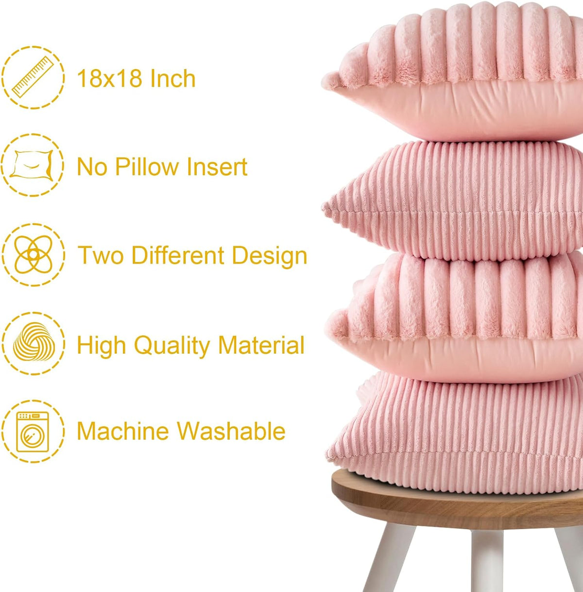 Set of 4 Corduroy Soft Decorative Throw Pillow Covers 18x18 Inch Faux Fur Plush Pillow Covers Fuzzy Striped Luxury Cushion Case Pillowcase for Couch Sofa Bed Home Living Room Decor (Pink)