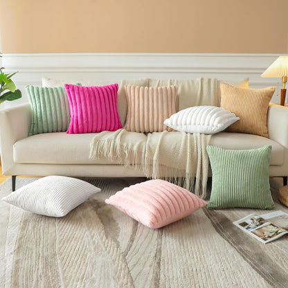 Set of 4 Corduroy Soft Decorative Throw Pillow Covers 18x18 Inch Faux Fur Plush Pillow Covers Fuzzy Striped Luxury Cushion Case Pillowcase for Couch Sofa Bed Home Living Room Decor (Pink)