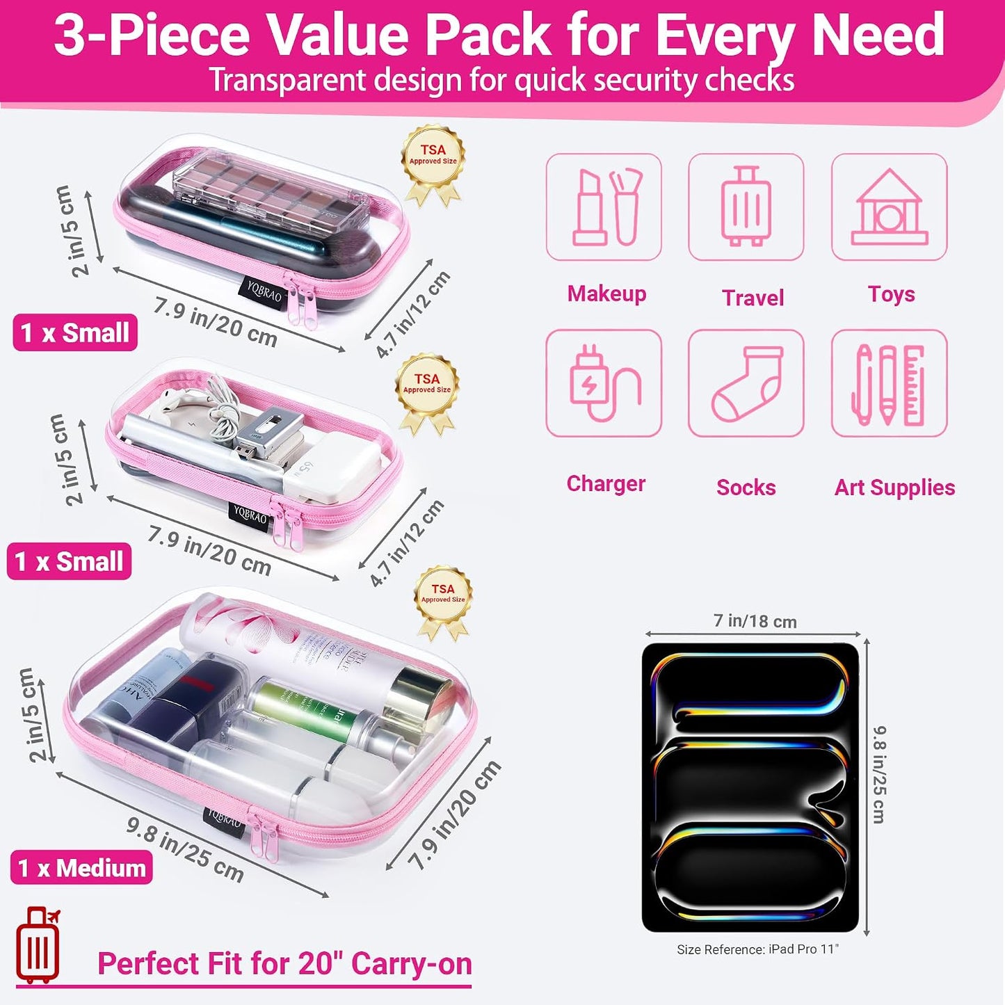 Clear Hard Shell Organizer Cases, 3-Pack, Pink