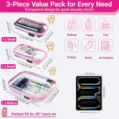 Clear Hard Shell Organizer Cases, 3-Pack, Pink