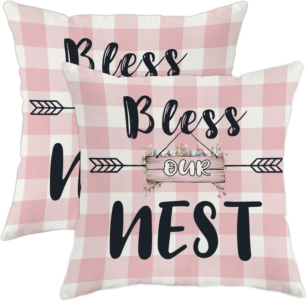 Bless Our Nest Pillow Covers Set of 2, Peach Checkered Farmhouse Decorative Throw Pillow Cases, Spring Home Decor for Sofa Couch and Bed 18x18 Inch