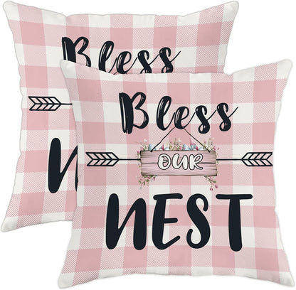 Bless Our Nest Pillow Covers Set of 2, Peach Checkered Farmhouse Decorative Throw Pillow Cases, Spring Home Decor for Sofa Couch and Bed 18x18 Inch