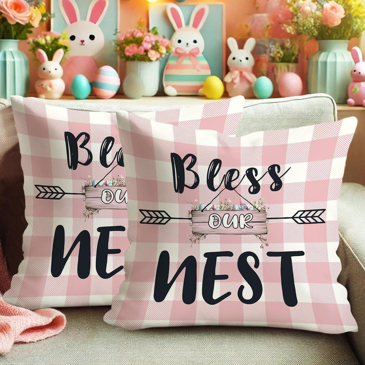 Bless Our Nest Pillow Covers Set of 2, Peach Checkered Farmhouse Decorative Throw Pillow Cases, Spring Home Decor for Sofa Couch and Bed 18x18 Inch