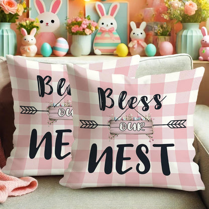 Bless Our Nest Pillow Covers Set of 2, Peach Checkered Farmhouse Decorative Throw Pillow Cases, Spring Home Decor for Sofa Couch and Bed 18x18 Inch