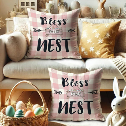 Bless Our Nest Pillow Covers Set of 2, Peach Checkered Farmhouse Decorative Throw Pillow Cases, Spring Home Decor for Sofa Couch and Bed 18x18 Inch