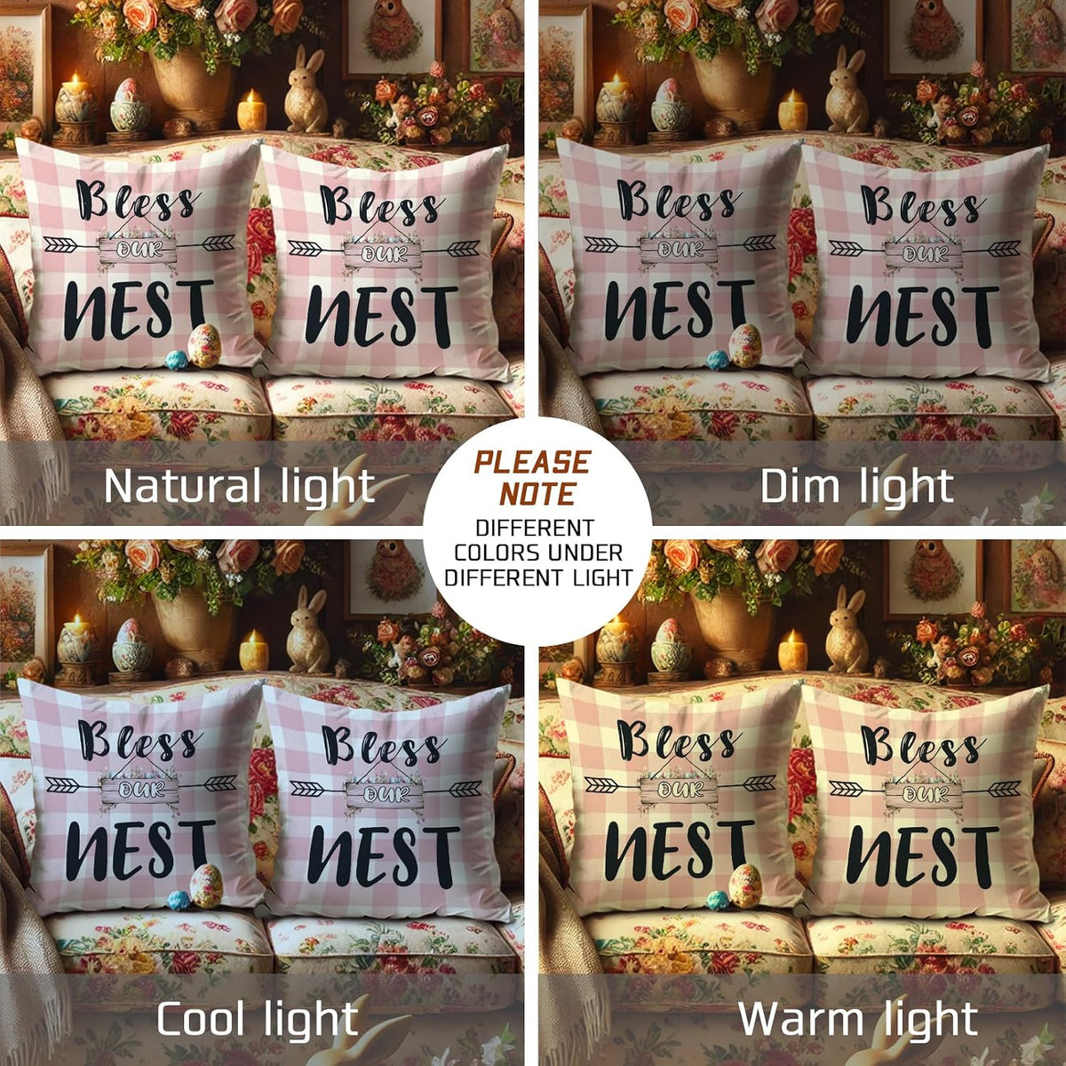 Bless Our Nest Pillow Covers Set of 2, Peach Checkered Farmhouse Decorative Throw Pillow Cases, Spring Home Decor for Sofa Couch and Bed 18x18 Inch