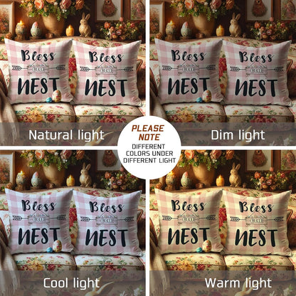 Bless Our Nest Pillow Covers Set of 2, Peach Checkered Farmhouse Decorative Throw Pillow Cases, Spring Home Decor for Sofa Couch and Bed 18x18 Inch