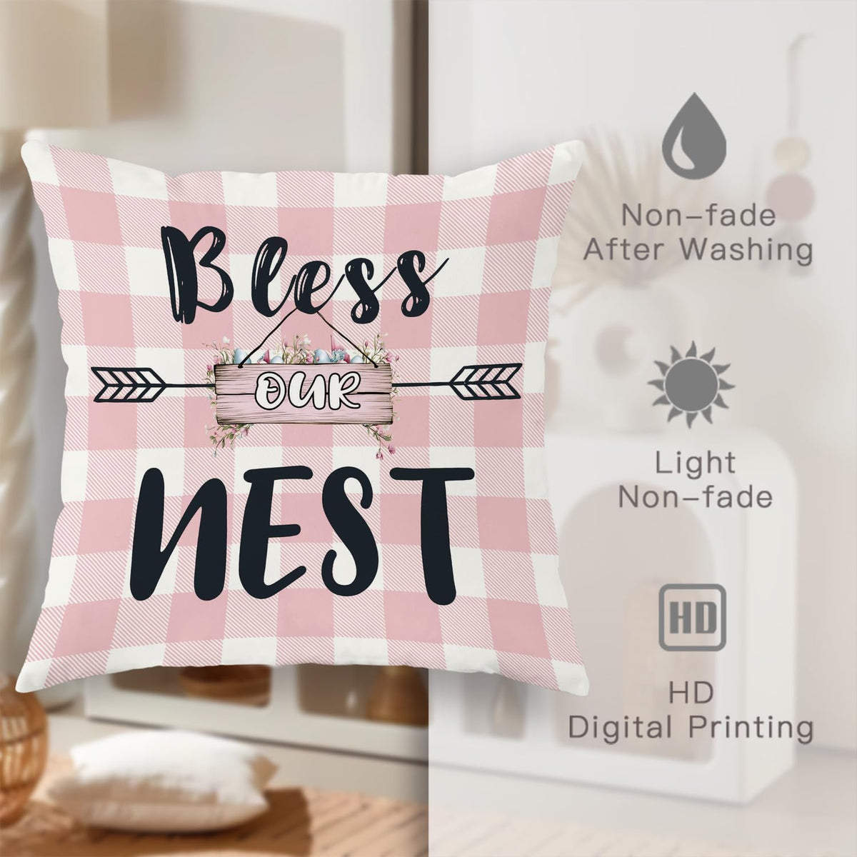 Bless Our Nest Pillow Covers Set of 2, Peach Checkered Farmhouse Decorative Throw Pillow Cases, Spring Home Decor for Sofa Couch and Bed 18x18 Inch