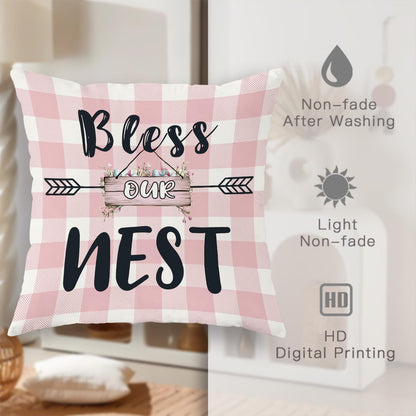 Bless Our Nest Pillow Covers Set of 2, Peach Checkered Farmhouse Decorative Throw Pillow Cases, Spring Home Decor for Sofa Couch and Bed 18x18 Inch